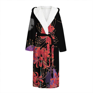 Red Japanese Amaryllis Pattern Print Hooded Bathrobe