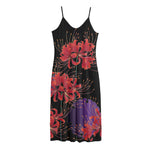 Red Japanese Amaryllis Pattern Print Jersey Midi Cami Dress