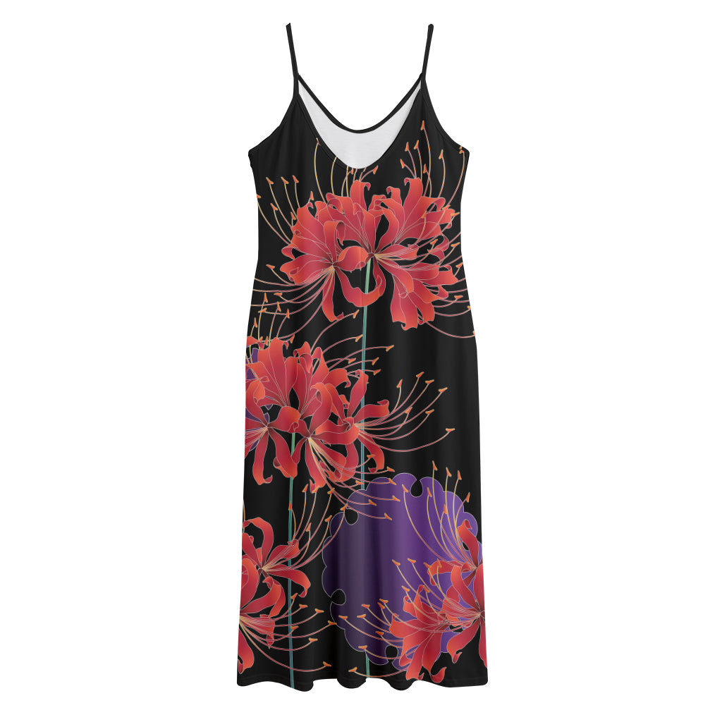 Red Japanese Amaryllis Pattern Print Jersey Midi Cami Dress