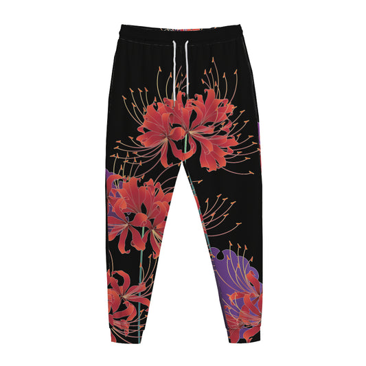 Red Japanese Amaryllis Pattern Print Jogger Pants