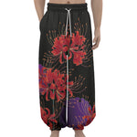 Red Japanese Amaryllis Pattern Print Lantern Pants