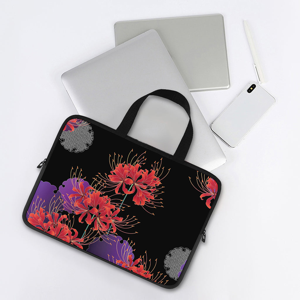 Red Japanese Amaryllis Pattern Print Laptop Sleeve With Handle
