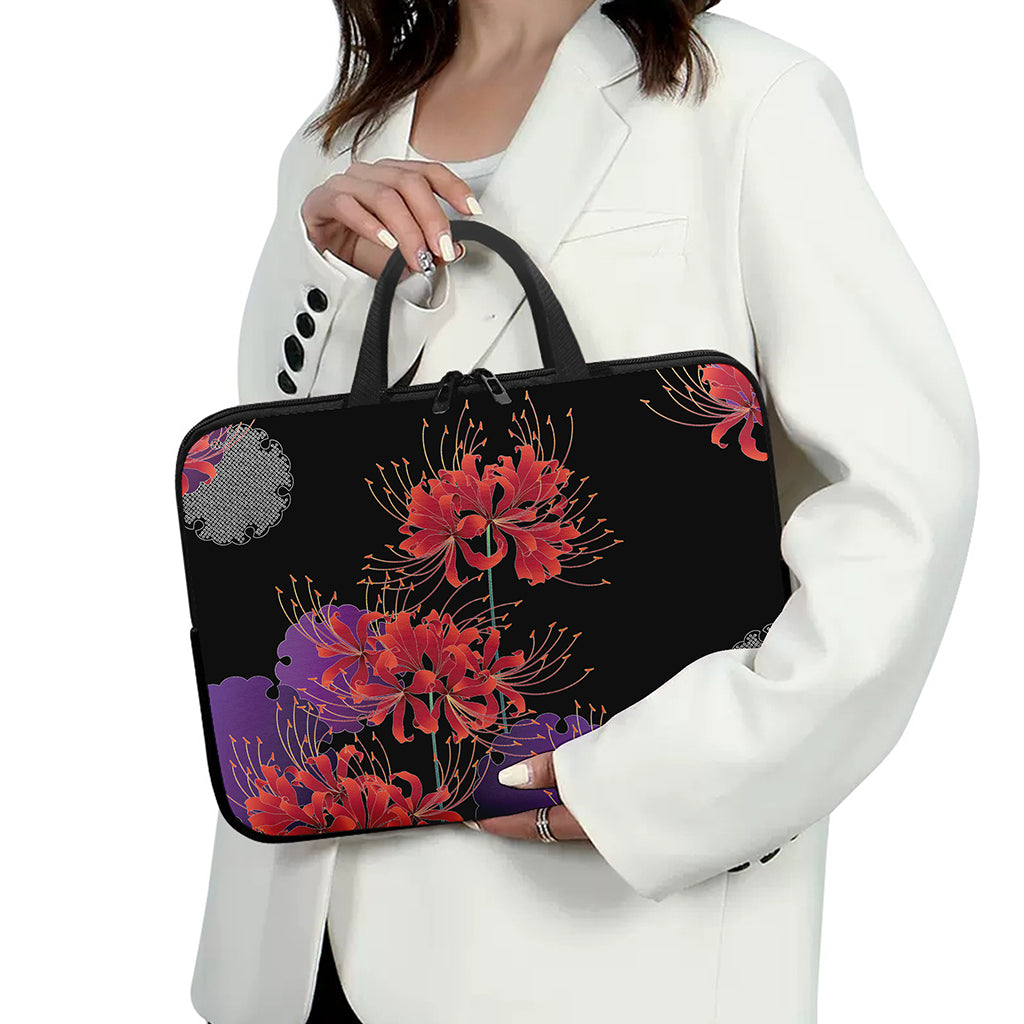 Red Japanese Amaryllis Pattern Print Laptop Sleeve With Handle