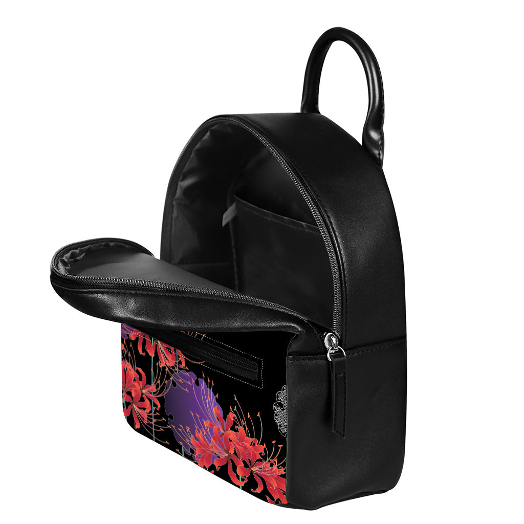 Red Japanese Amaryllis Pattern Print Leather Backpack