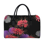 Red Japanese Amaryllis Pattern Print Leather Duffle Bag