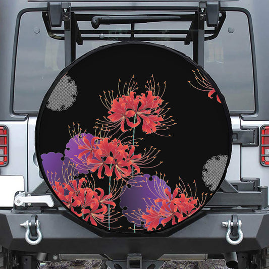 Red Japanese Amaryllis Pattern Print Leather Spare Tire Cover