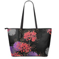 Red Japanese Amaryllis Pattern Print Leather Tote Bag With Zipper