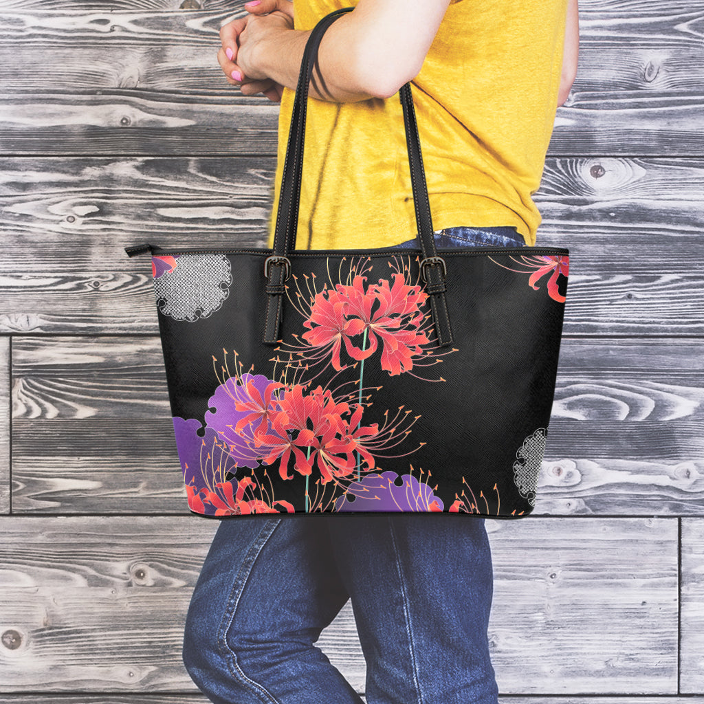 Red Japanese Amaryllis Pattern Print Leather Tote Bag