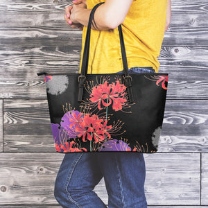 Red Japanese Amaryllis Pattern Print Leather Tote Bag