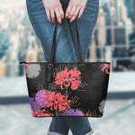 Red Japanese Amaryllis Pattern Print Leather Tote Bag