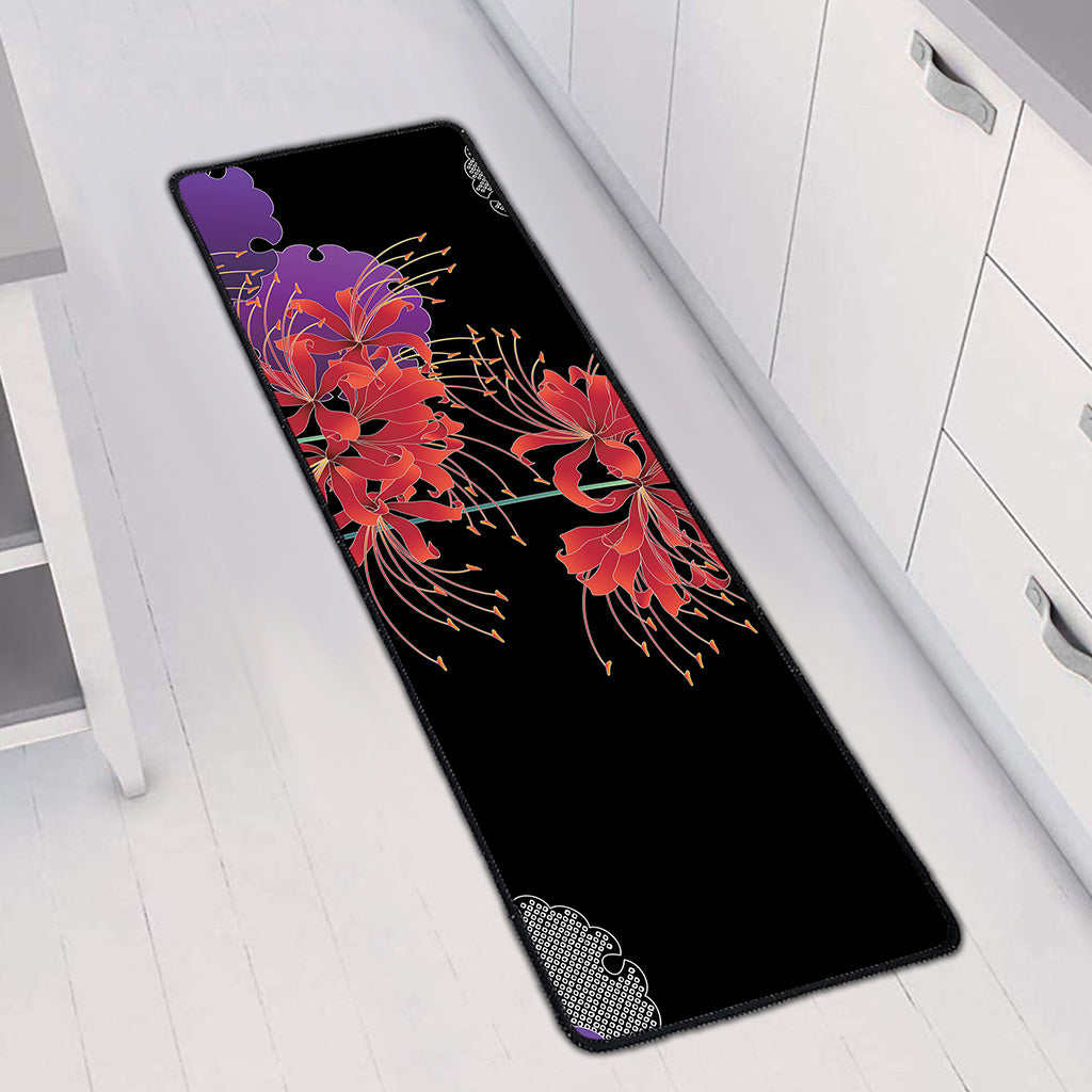 Red Japanese Amaryllis Pattern Print Long Kitchen Mat