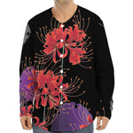 Red Japanese Amaryllis Pattern Print Long Sleeve Baseball Jersey