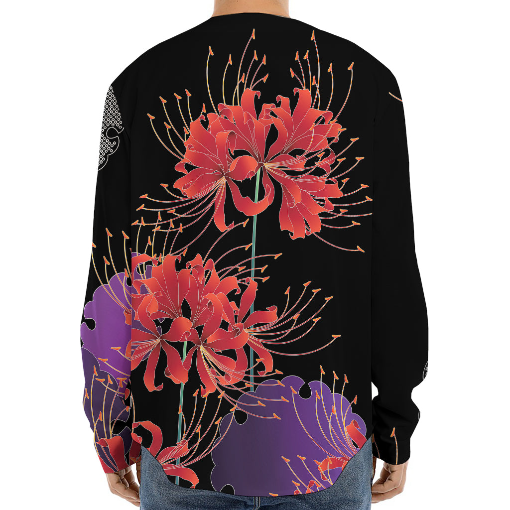 Red Japanese Amaryllis Pattern Print Long Sleeve Baseball Jersey