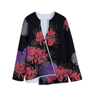 Red Japanese Amaryllis Pattern Print Long Sleeve Short Coat