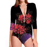 Red Japanese Amaryllis Pattern Print Long Sleeve Swimsuit