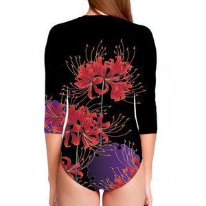 Red Japanese Amaryllis Pattern Print Long Sleeve Swimsuit