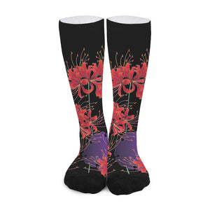 Red Japanese Amaryllis Pattern Print Long Socks