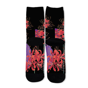 Red Japanese Amaryllis Pattern Print Long Socks