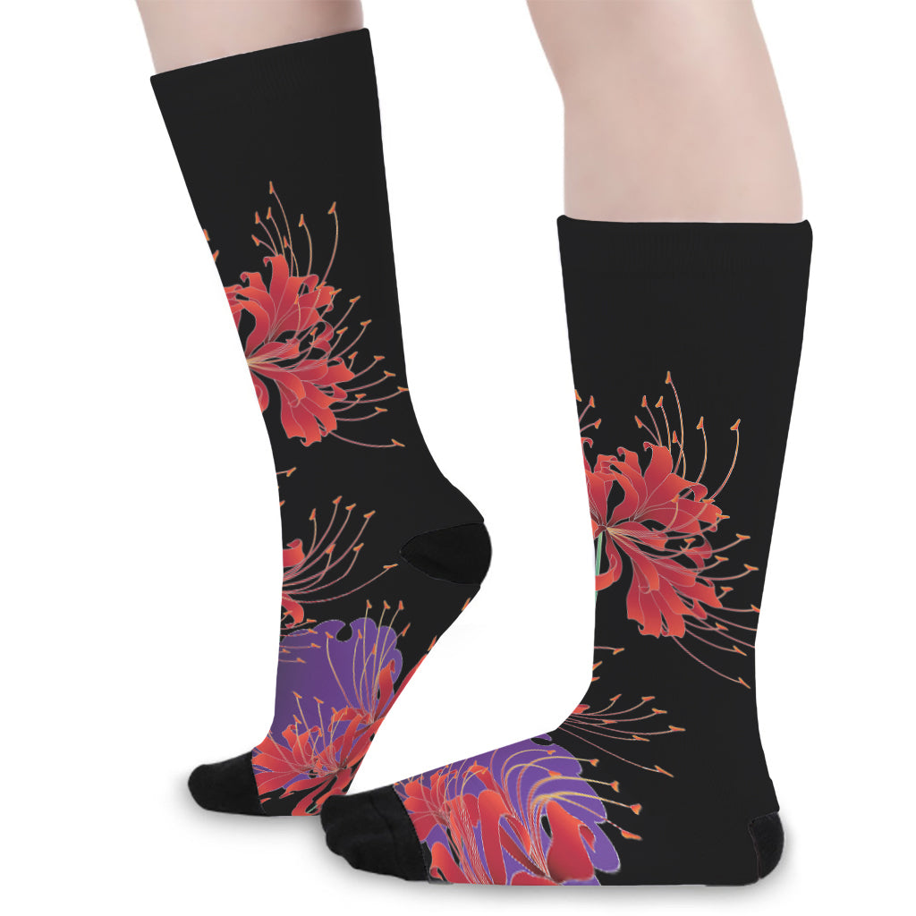 Red Japanese Amaryllis Pattern Print Long Socks