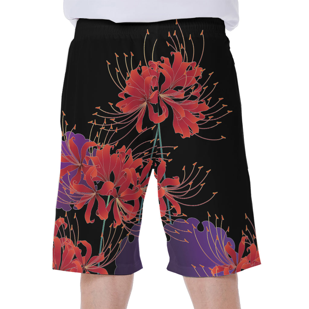 Red Japanese Amaryllis Pattern Print Men's Beach Shorts