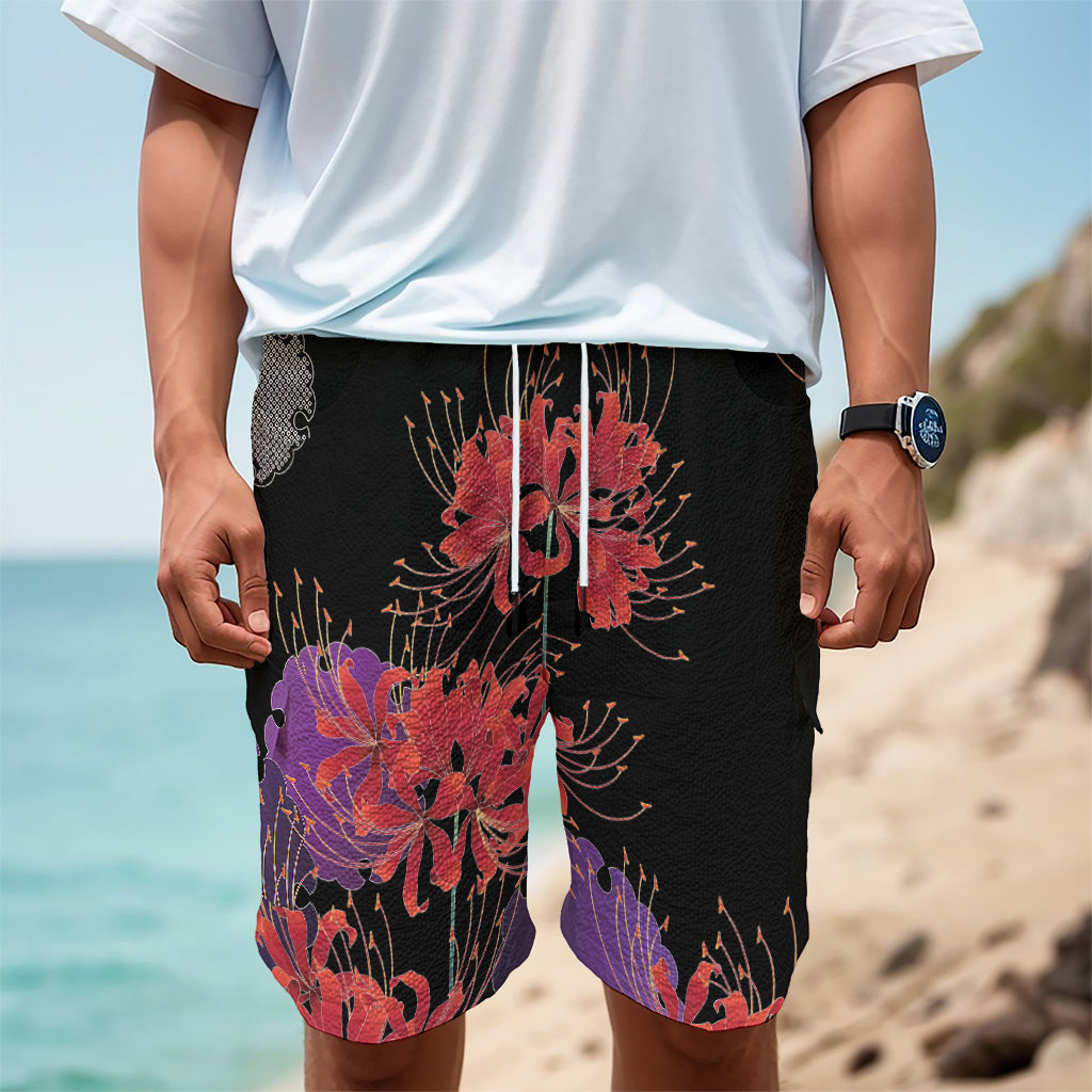 Red Japanese Amaryllis Pattern Print Men's Cargo Shorts