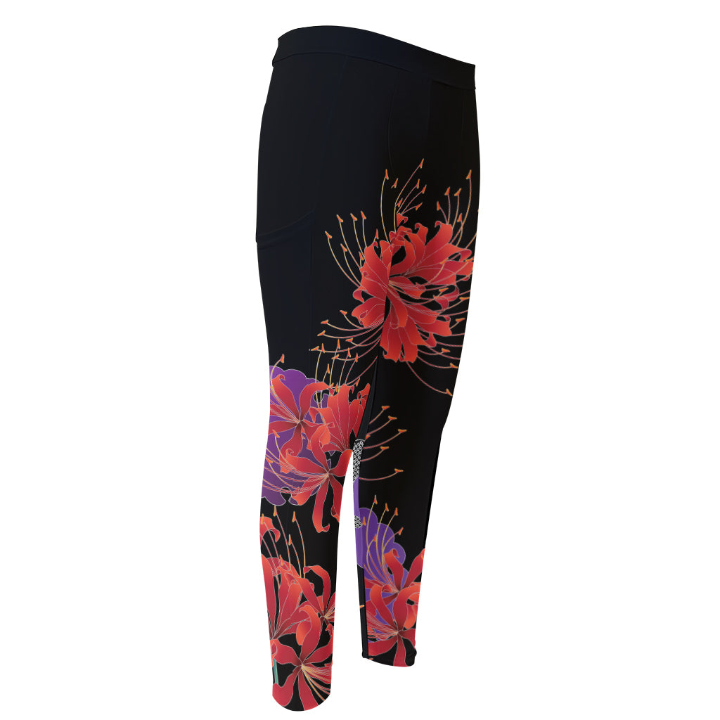 Red Japanese Amaryllis Pattern Print Men's Compression Pants