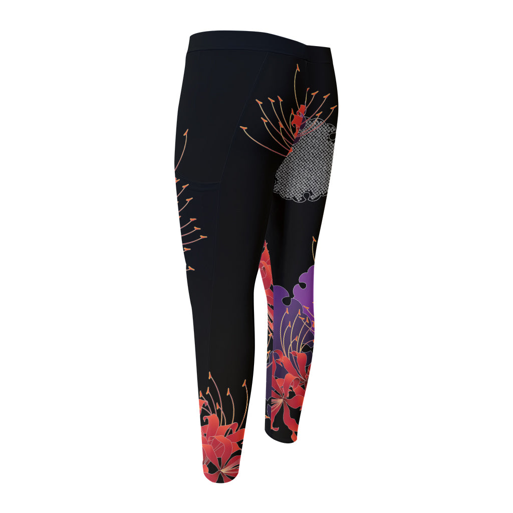 Red Japanese Amaryllis Pattern Print Men's Compression Pants