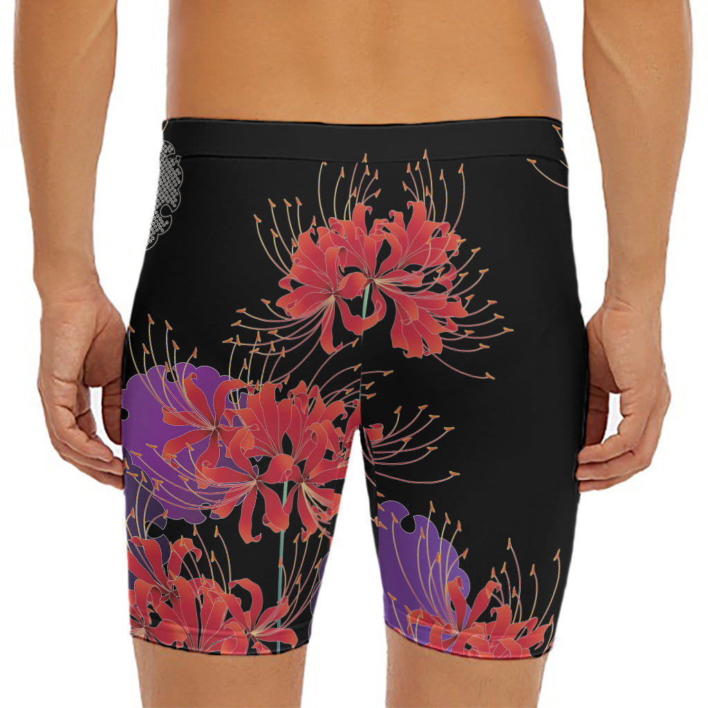 Red Japanese Amaryllis Pattern Print Men's Long Boxer Briefs