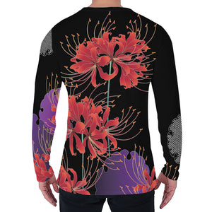 Red Japanese Amaryllis Pattern Print Men's Long Sleeve T-Shirt