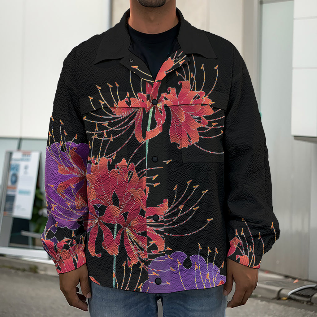 Red Japanese Amaryllis Pattern Print Men's Shirt Jacket