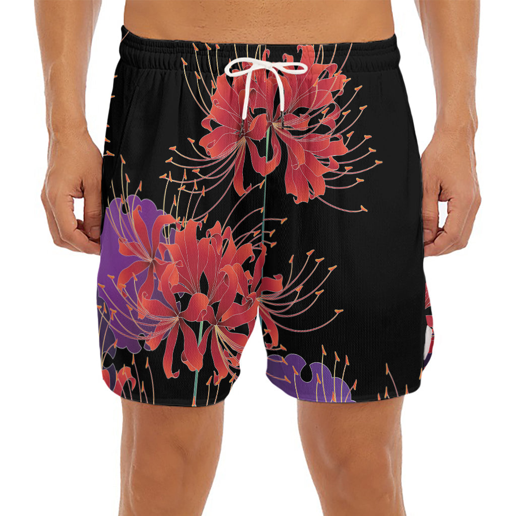 Red Japanese Amaryllis Pattern Print Men's Split Running Shorts