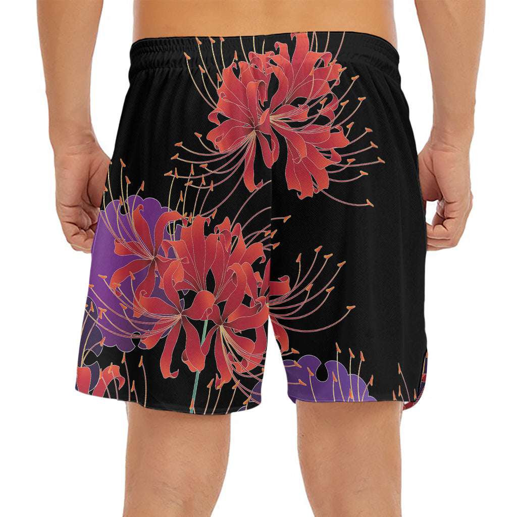 Red Japanese Amaryllis Pattern Print Men's Split Running Shorts