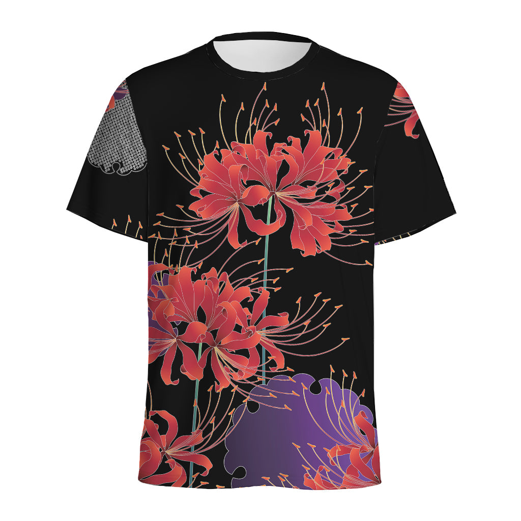 Red Japanese Amaryllis Pattern Print Men's Sports T-Shirt