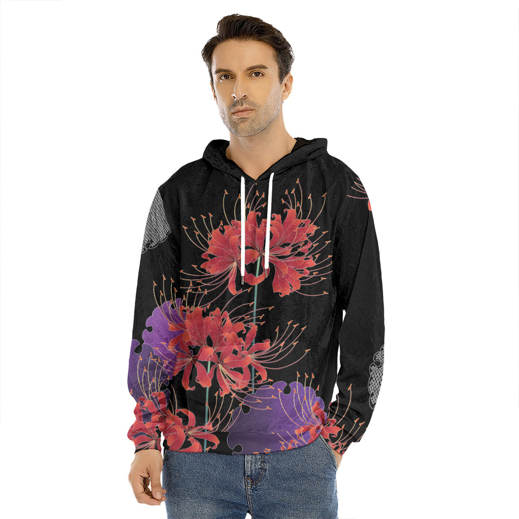 Red Japanese Amaryllis Pattern Print Men's Velvet Pullover Hoodie