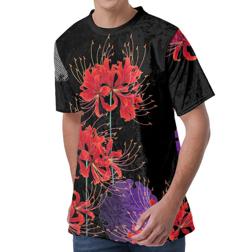 Red Japanese Amaryllis Pattern Print Men's Velvet T-Shirt