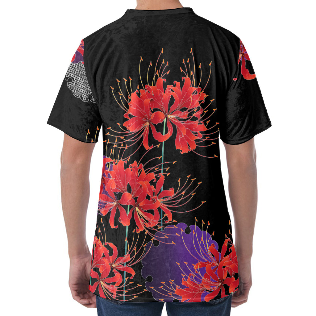 Red Japanese Amaryllis Pattern Print Men's Velvet T-Shirt