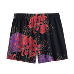 Red Japanese Amaryllis Pattern Print Mesh Shorts