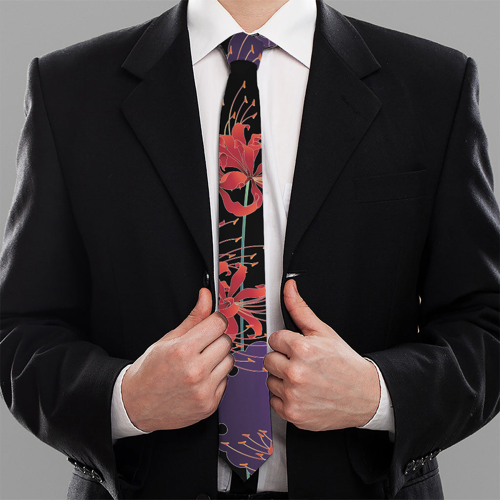 Red Japanese Amaryllis Pattern Print Necktie