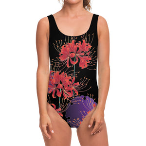 Red Japanese Amaryllis Pattern Print One Piece Swimsuit