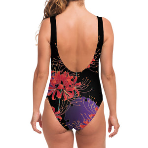 Red Japanese Amaryllis Pattern Print One Piece Swimsuit