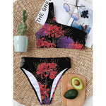 Red Japanese Amaryllis Pattern Print One Shoulder Bikini Top