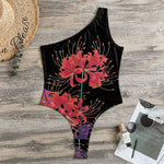 Red Japanese Amaryllis Pattern Print One Shoulder Bodysuit