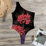 Red Japanese Amaryllis Pattern Print One Shoulder Bodysuit