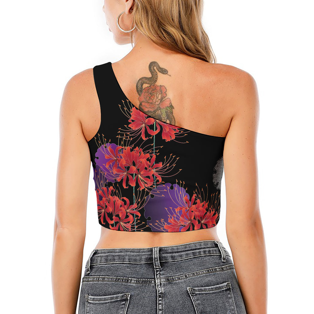 Red Japanese Amaryllis Pattern Print One Shoulder Crop Top