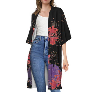 Red Japanese Amaryllis Pattern Print Open Front Beach Cover Up