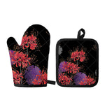 Red Japanese Amaryllis Pattern Print Oven Mitt And Pot Holder Set