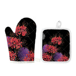 Red Japanese Amaryllis Pattern Print Oven Mitt And Pot Holder Set