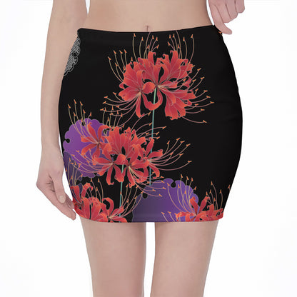 Red Japanese Amaryllis Pattern Print Pencil Mini Skirt