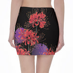 Red Japanese Amaryllis Pattern Print Pencil Mini Skirt
