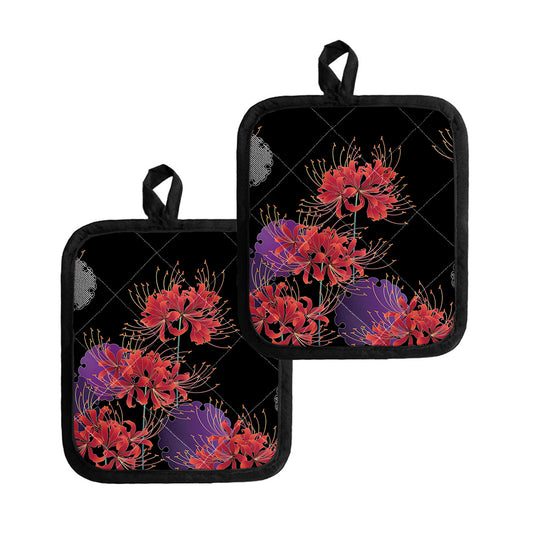 Red Japanese Amaryllis Pattern Print Pot Holders